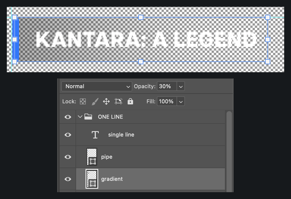 Photoshop showing the gradient layer selected with its bounds matching the title width, and the Layers panel opacity control