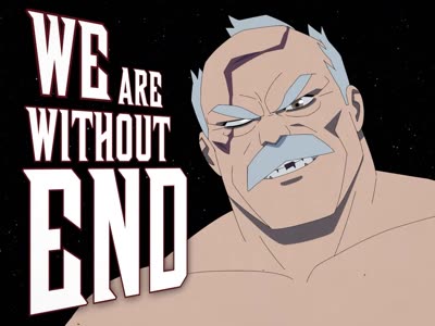 Slab-serif type reading WE ARE WITHOUT END wrapping around a character